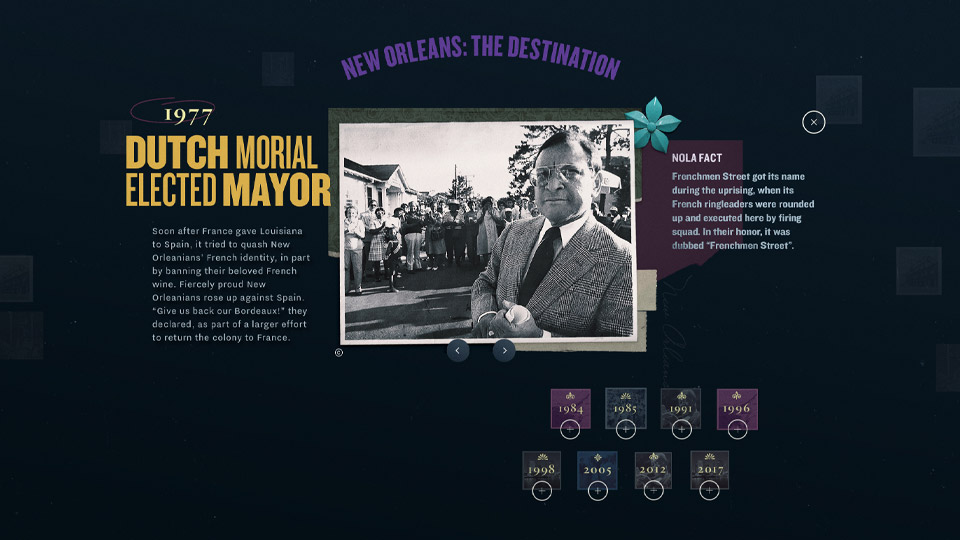 Timeline card for 1977, Dutch Morial elected mayor, with an archival photo and a NOLA Fact panel