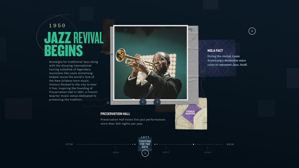 1950 Jazz Revival card with a Louis Armstrong photo and a Preservation Hall note