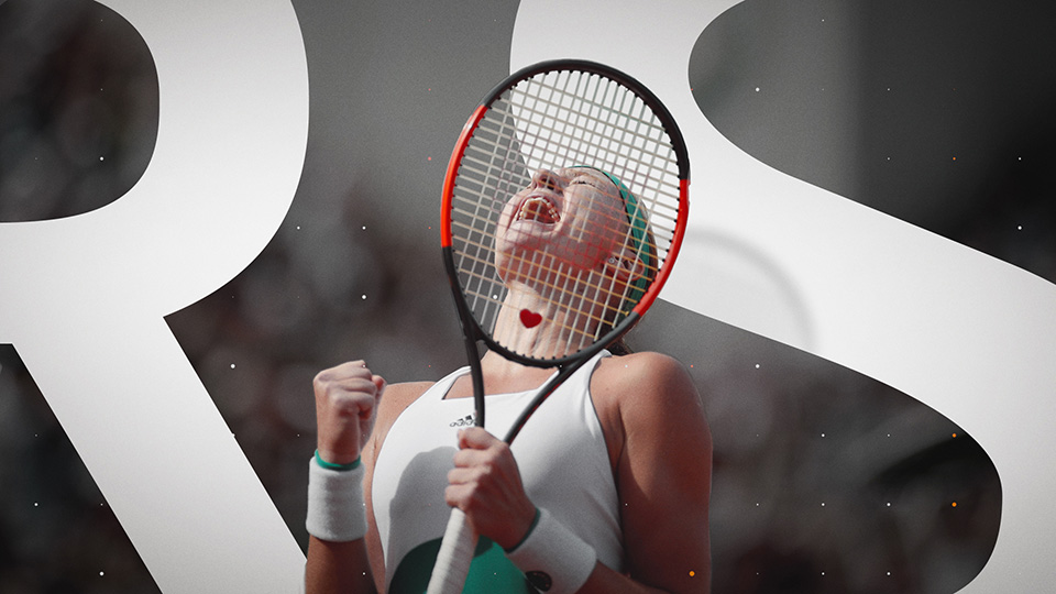 Oversized RS letterforms framing a tennis player mid-celebration
