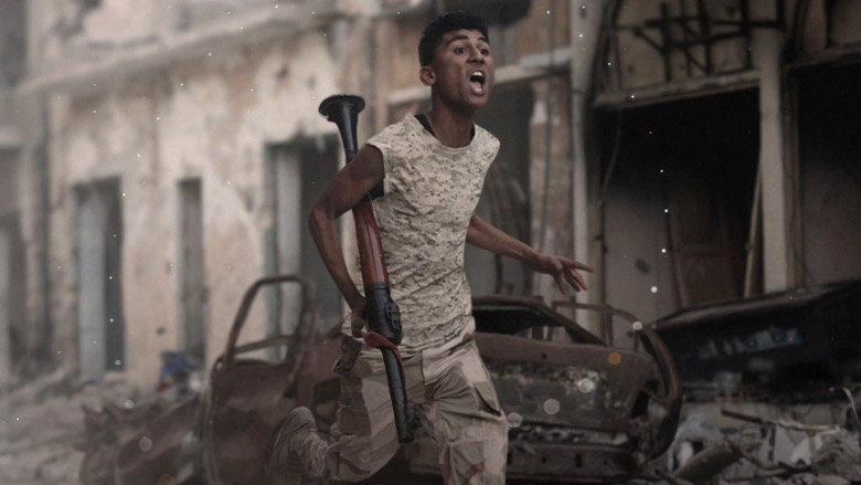 Opener frame showing a young man on a crutch running through a bombed-out street