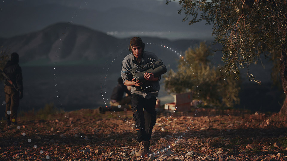 Soldier carrying a child, with the circular dotted data graphic overlay
