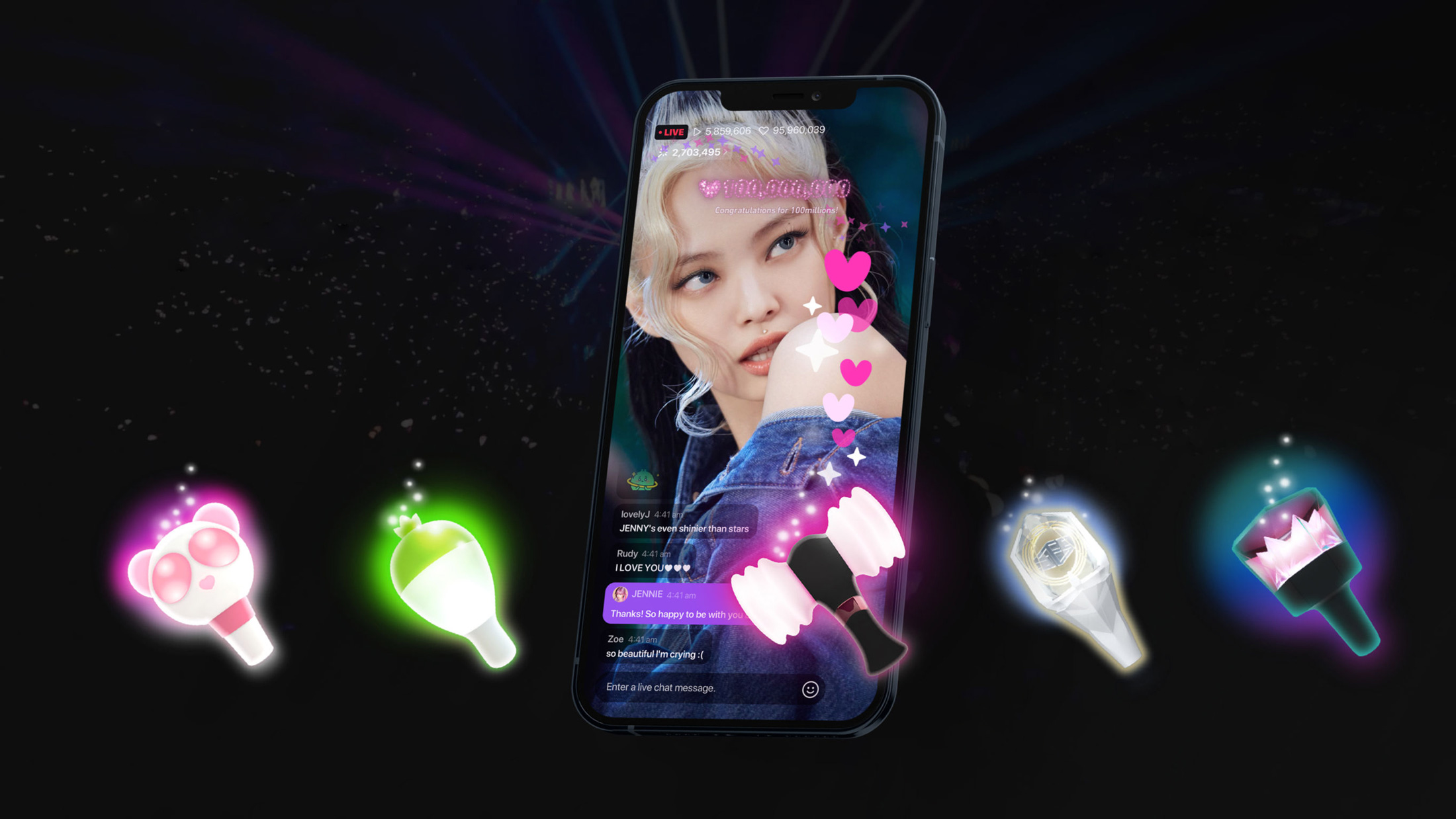 V LIVE end card showing a phone streaming a live broadcast, ringed by glowing light stick emotes