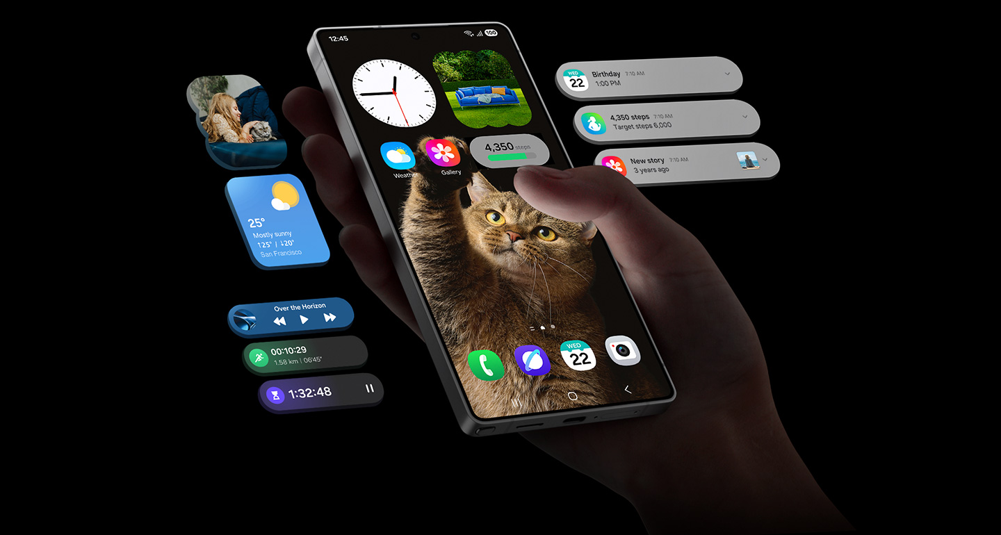 Galaxy S25 Ultra held in one hand with One UI widgets and notification cards floating around the screen