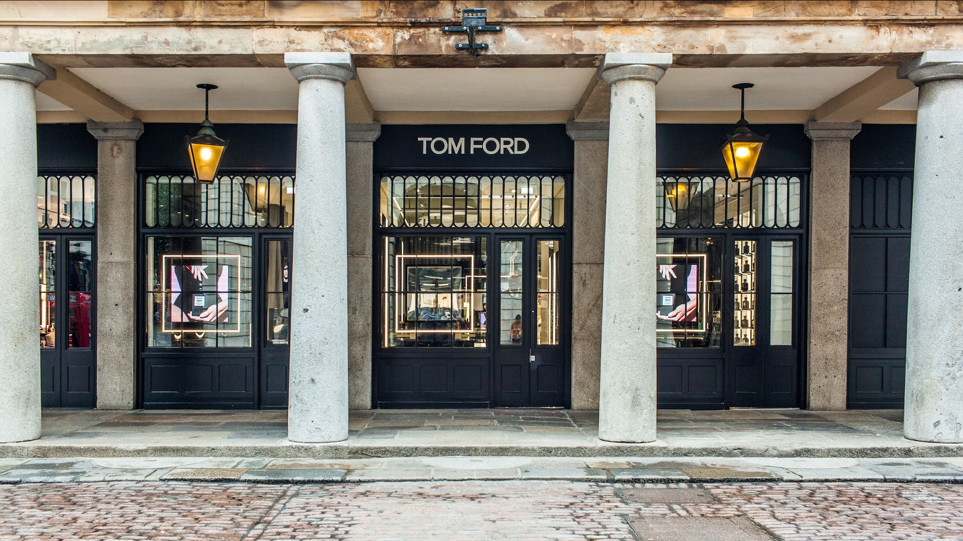 Tom Ford storefront Tom Ford storefront under a stone colonnade